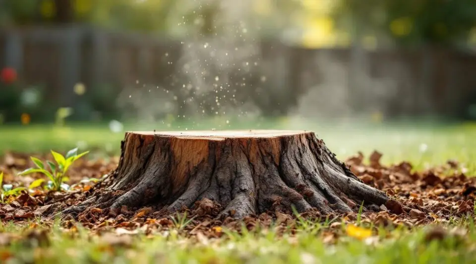 A close-up view of wood chips and mulch flying from a powerful stump grinder as it carves into a thick tree base.