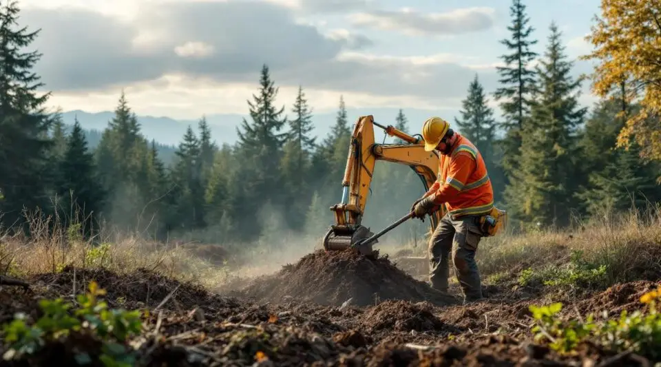 A wide-angle view of a cleared commercial lot with piles of wood chips and an excavator in the distance.