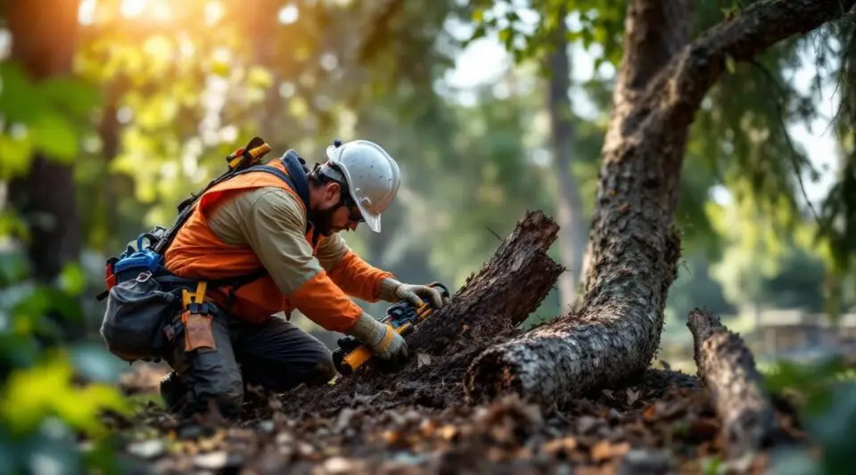 A wide-angle view of a professional tree crew removing a tall, dead evergreen tree near a commercial parking area.